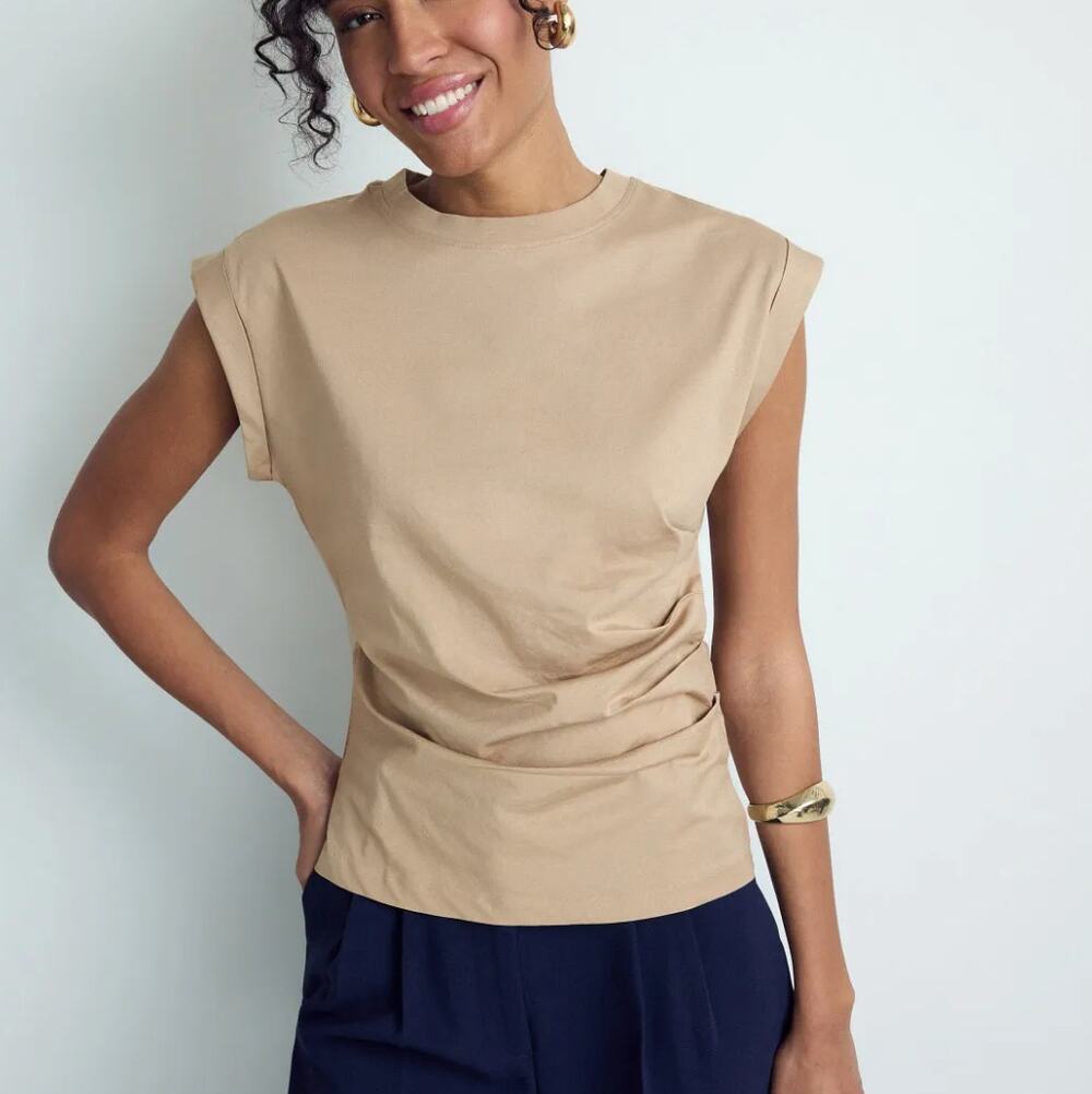 Hugo Boss Beige Ruched Top XL Career Basic Shell Work Cotton Logo Designer $139